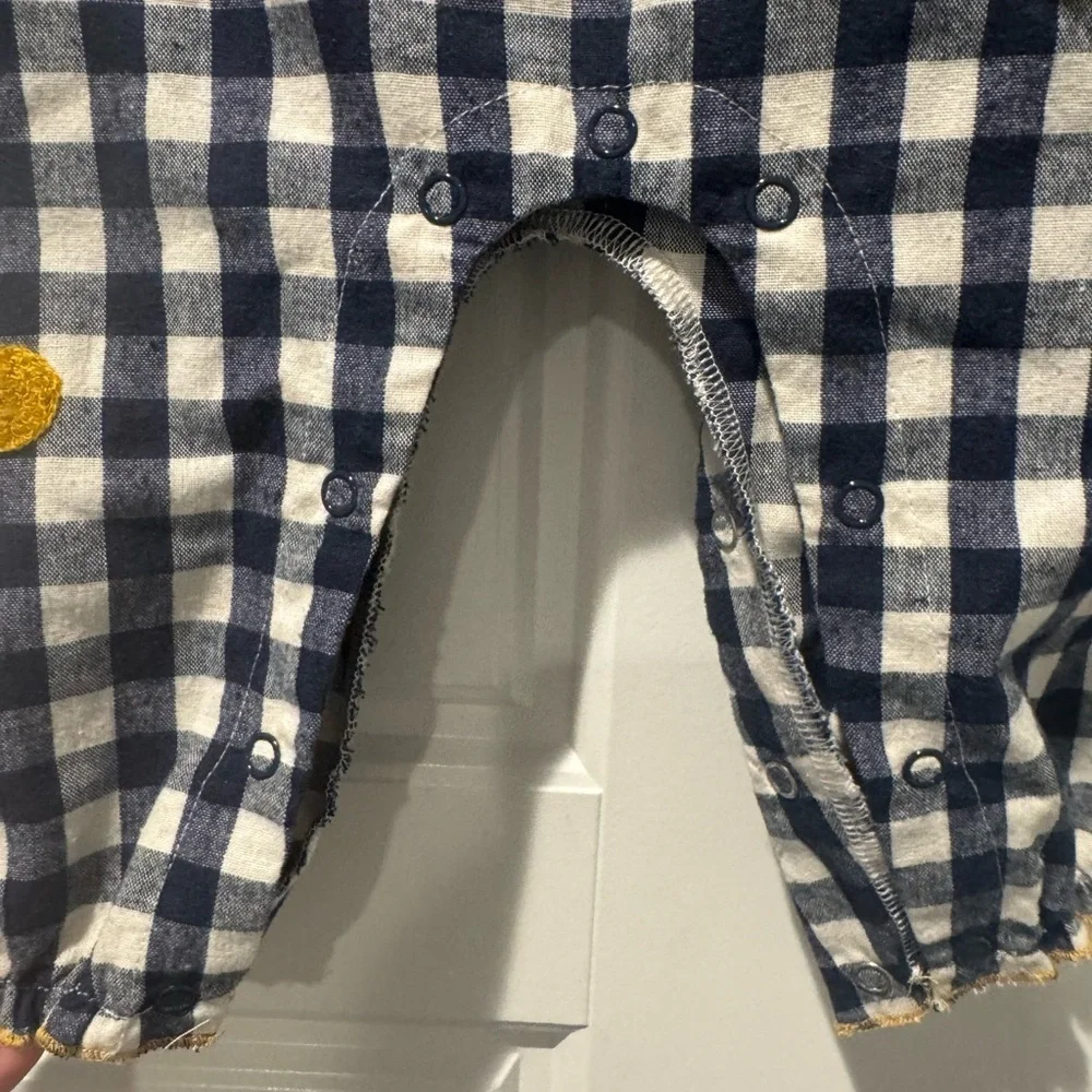 Mud Pie Gingham Plaid Navy & White Polka Dot Detail Long Sleeve One Piece 6-9M